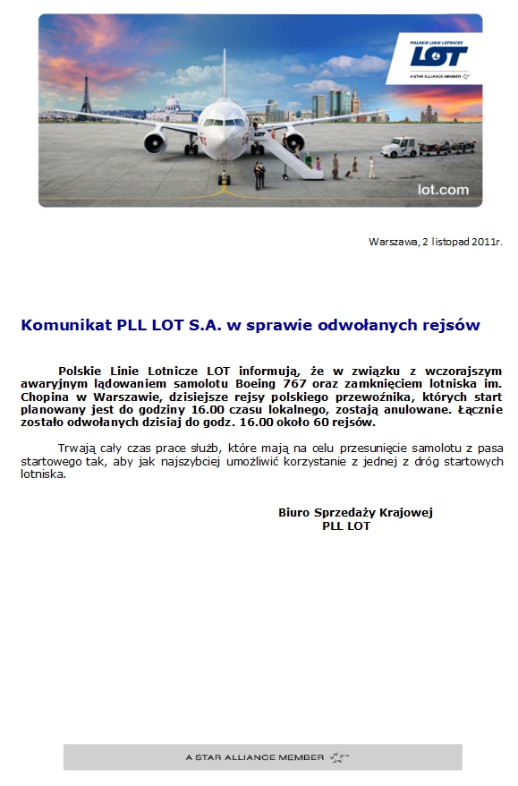 Komunikat PLL LOT S.A. w sprawie odwołanych rejsów